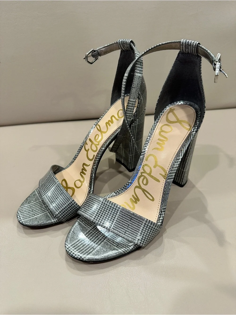 Sam Edelman Gray Plaid Block-Heel Ankle Strap Sandals